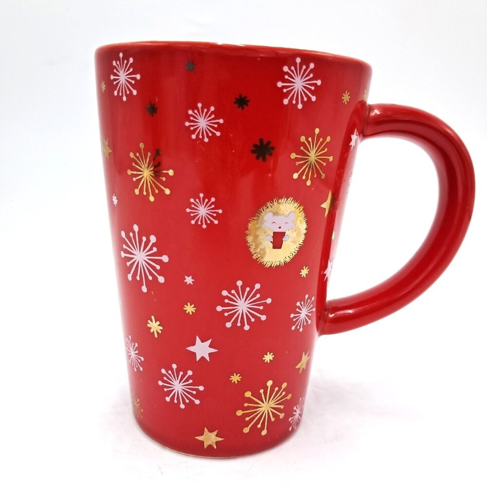 Davids Tea The Perfect Mug Hedgehog Winter Snowflakes and Stars Red 12 oz Cup